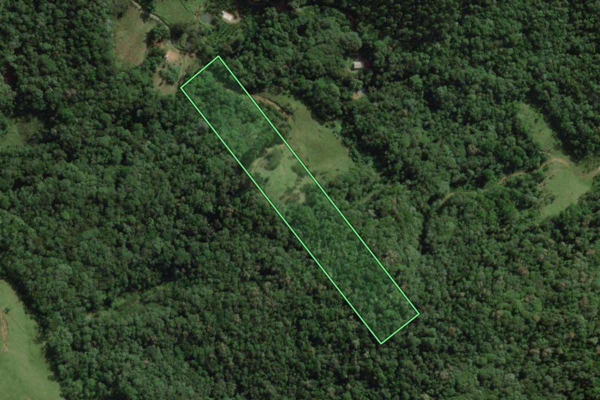 Imagem de satélite do imóvel rural em Águas Mornas (SC), com o contorno declarado no CAR desenhado por cima.
