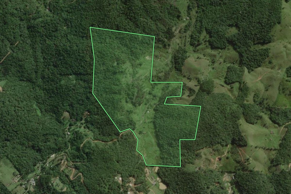 Imagem de satélite do imóvel rural em Águas Mornas (SC), com o contorno declarado no CAR desenhado por cima.