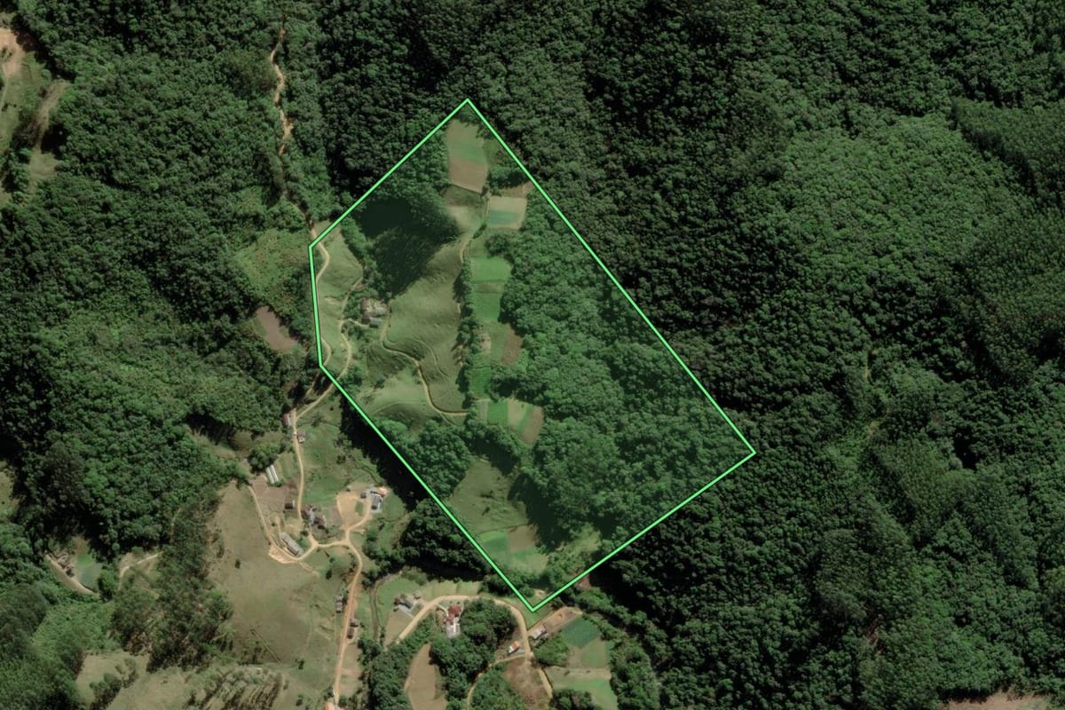 Imagem de satélite do imóvel rural em Águas Mornas (SC), com o contorno declarado no CAR desenhado por cima.