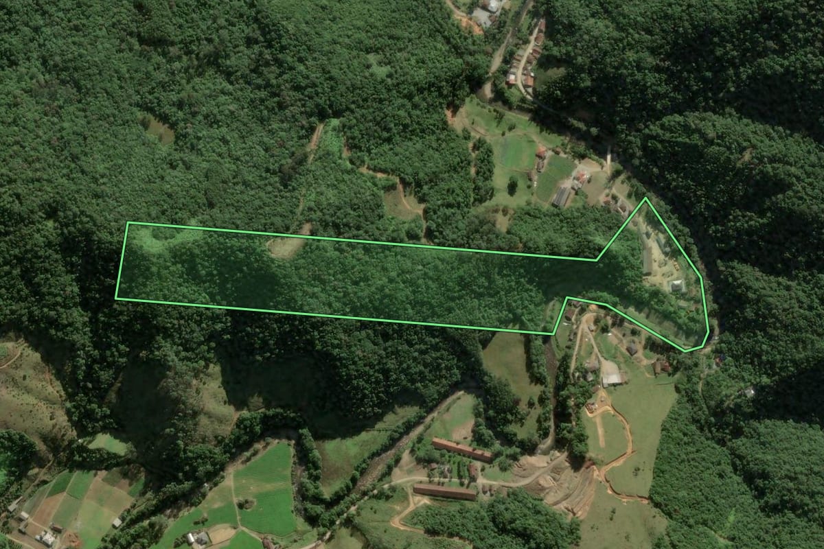 Imagem de satélite do imóvel rural em Águas Mornas (SC), com o contorno declarado no CAR desenhado por cima.