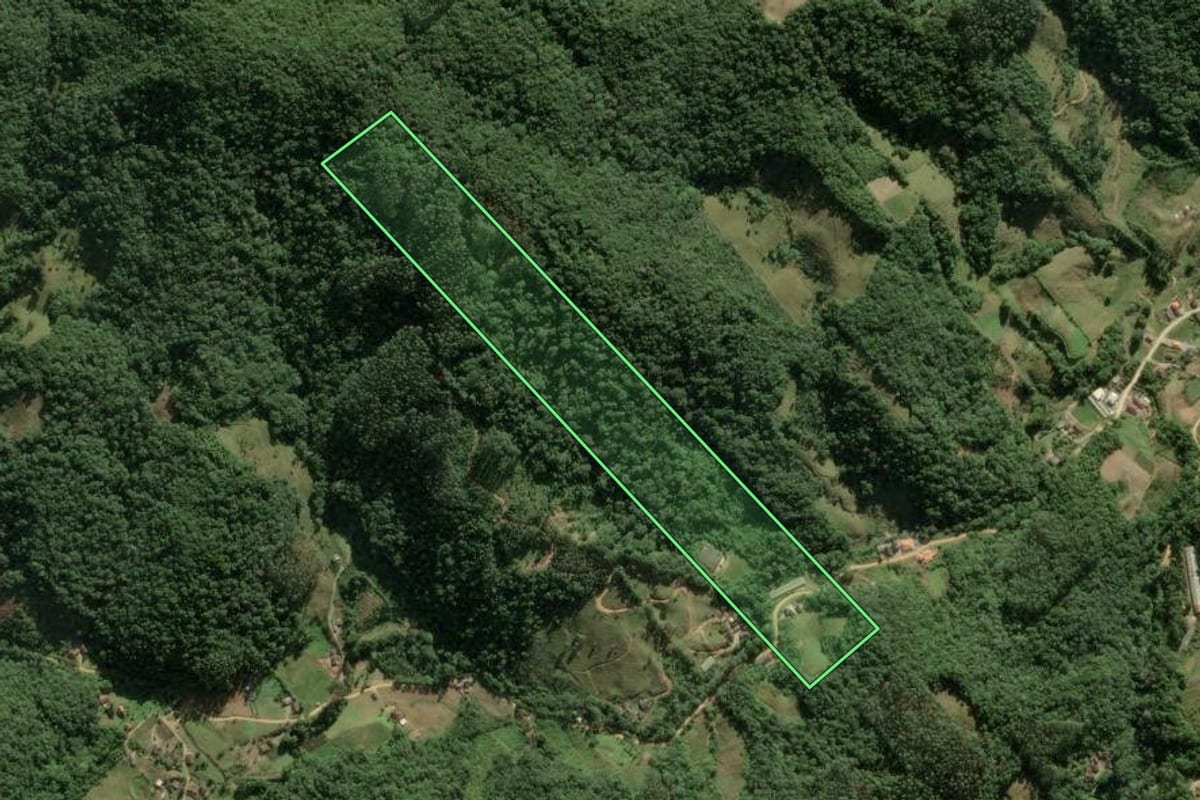 Imagem de satélite do imóvel rural em Águas Mornas (SC), com o contorno declarado no CAR desenhado por cima.