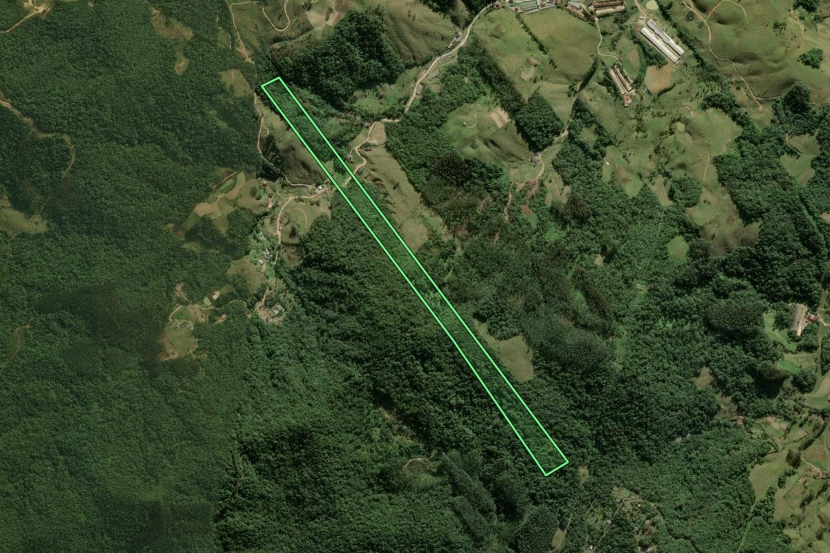 Imagem de satélite do imóvel rural em Águas Mornas (SC), com o contorno declarado no CAR desenhado por cima.