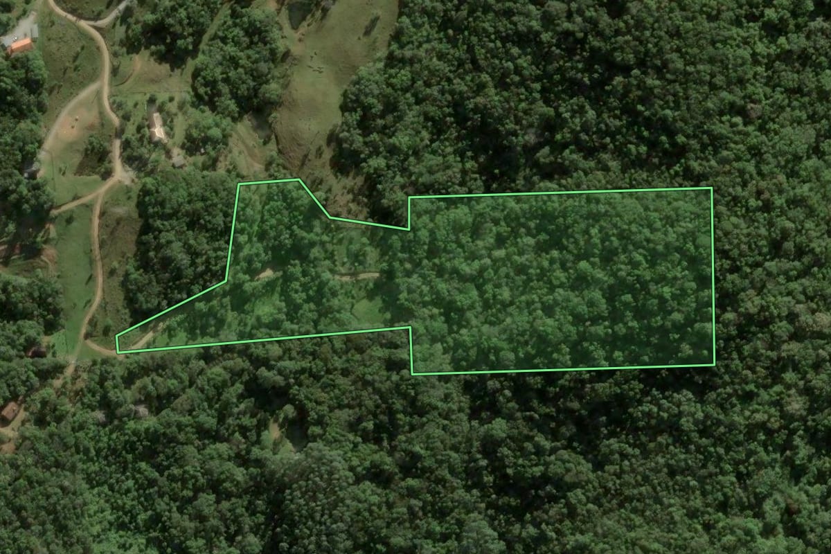 Imagem de satélite do imóvel rural em Águas Mornas (SC), com o contorno declarado no CAR desenhado por cima.