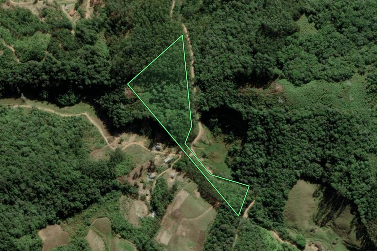 Imagem de satélite do imóvel rural em Águas Mornas (SC), com o contorno declarado no CAR desenhado por cima.