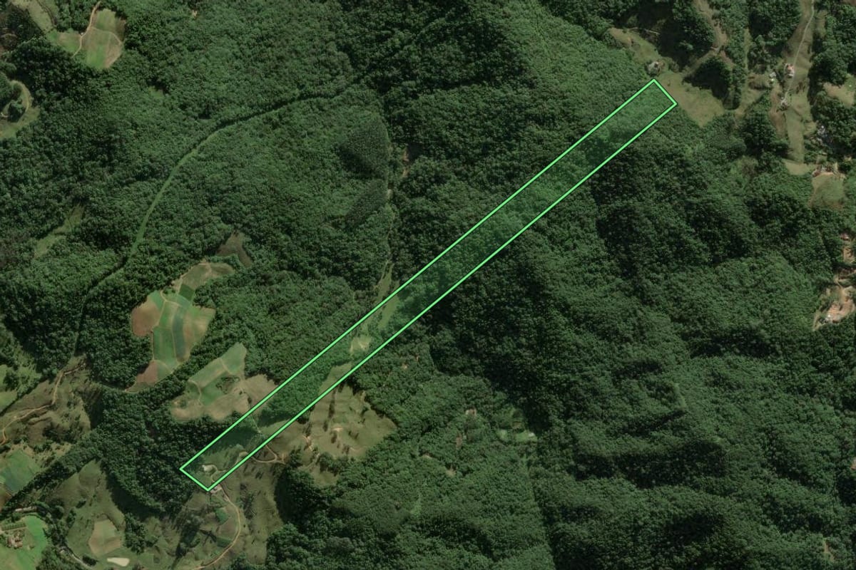 Imagem de satélite do imóvel rural em Águas Mornas (SC), com o contorno declarado no CAR desenhado por cima.