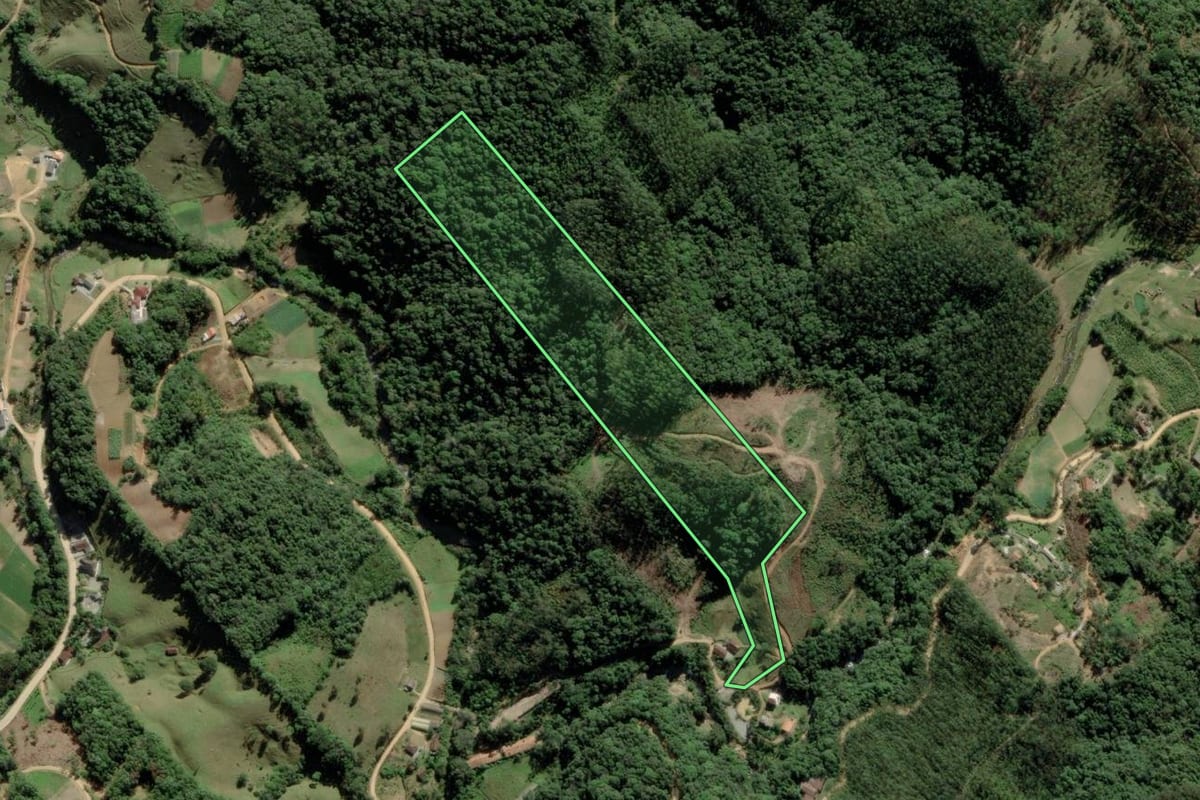 Imagem de satélite do imóvel rural em Águas Mornas (SC), com o contorno declarado no CAR desenhado por cima.