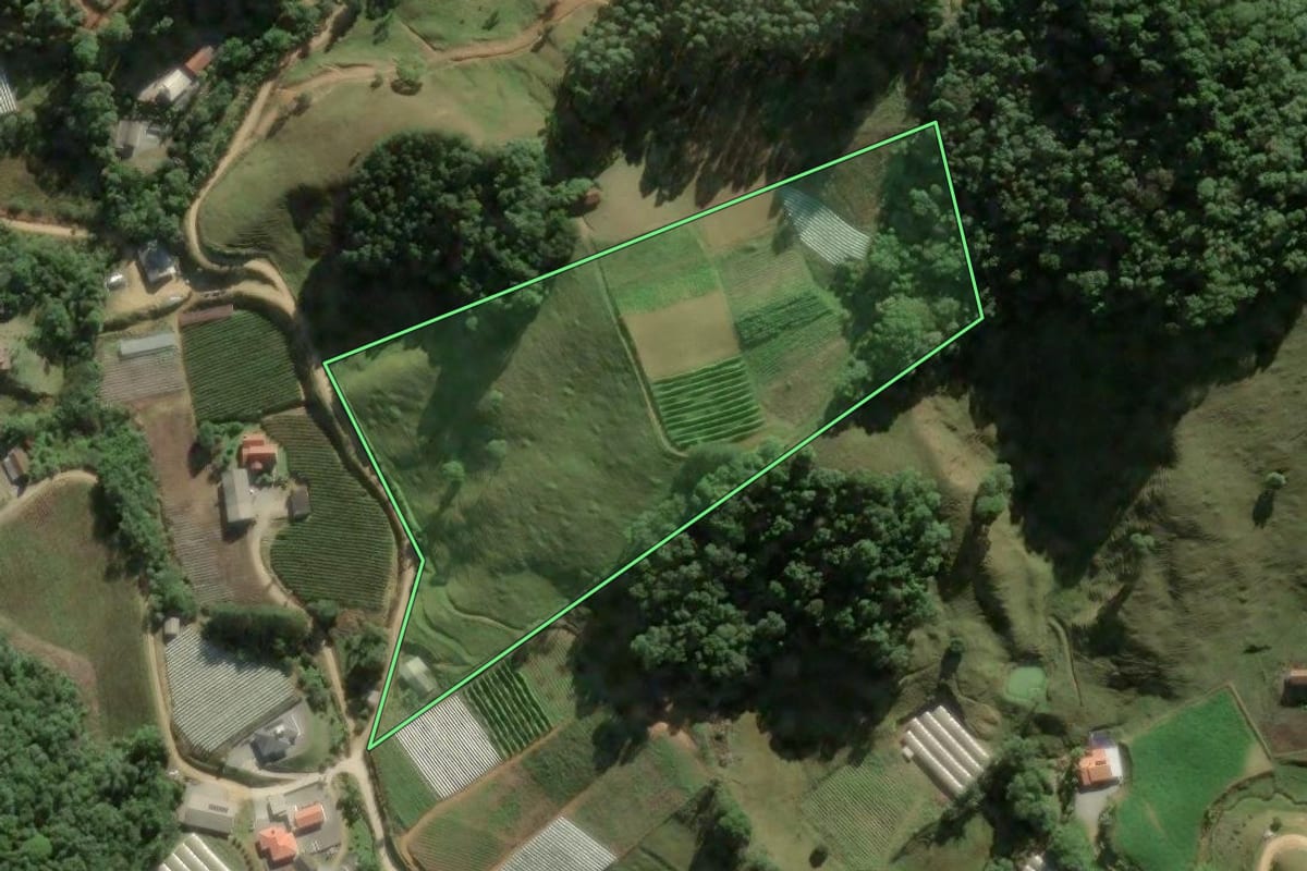 Imagem de satélite do imóvel rural em Águas Mornas (SC), com o contorno declarado no CAR desenhado por cima.