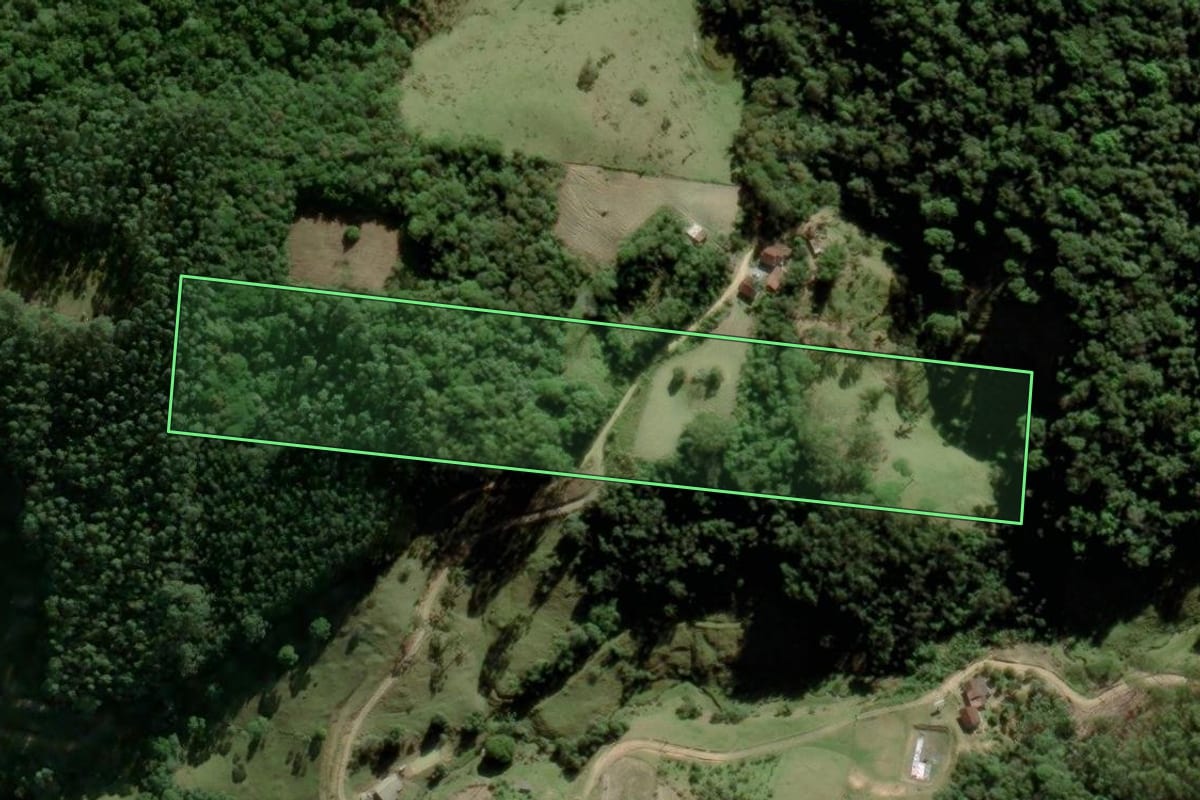 Imagem de satélite do imóvel rural em Águas Mornas (SC), com o contorno declarado no CAR desenhado por cima.