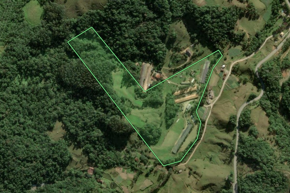 Imagem de satélite do imóvel rural em Águas Mornas (SC), com o contorno declarado no CAR desenhado por cima.