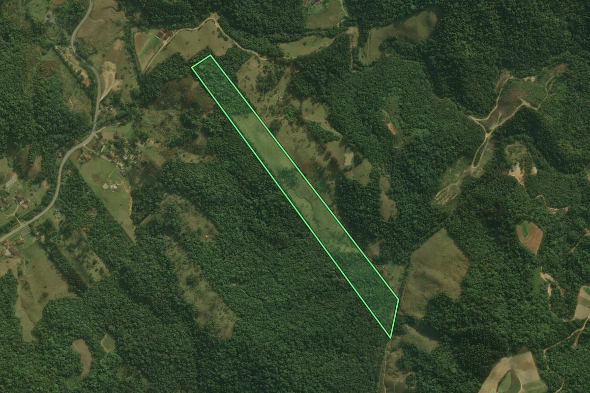 Imagem de satélite do imóvel rural em Águas Mornas (SC), com o contorno declarado no CAR desenhado por cima.