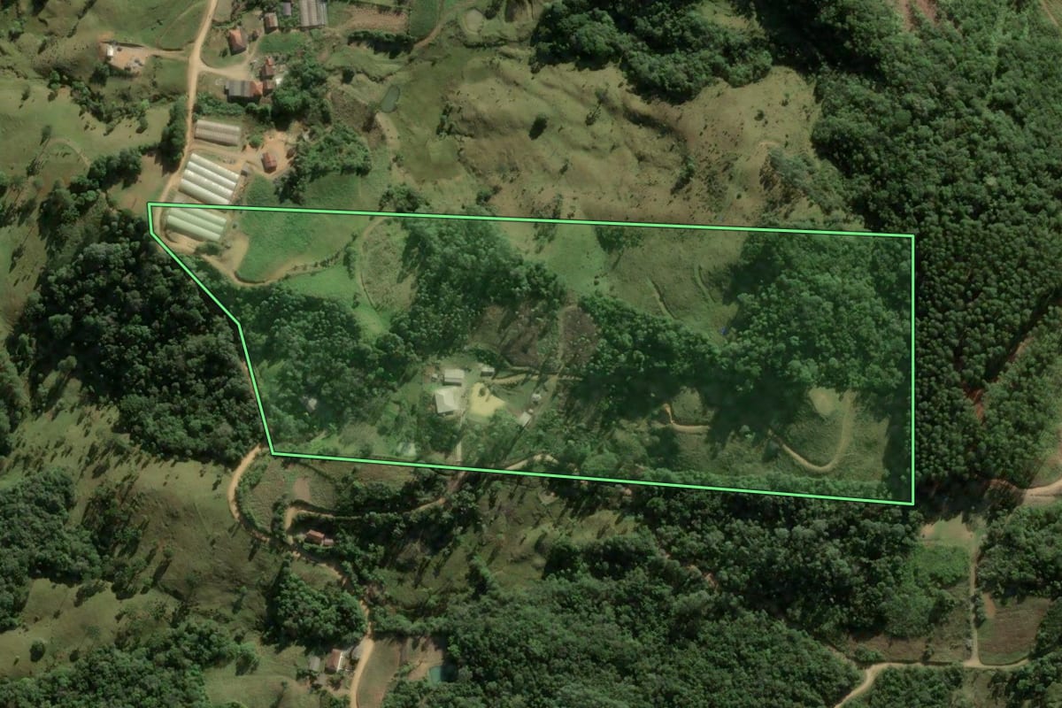 Imagem de satélite do imóvel rural em Águas Mornas (SC), com o contorno declarado no CAR desenhado por cima.