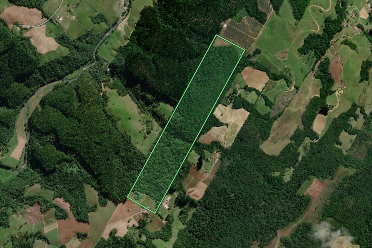 Imagem de satélite do imóvel rural em Alfredo Wagner (SC), com o contorno declarado no CAR desenhado por cima.