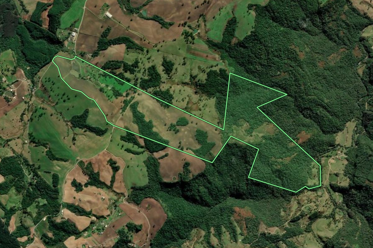 Imagem de satélite do imóvel rural em Alfredo Wagner (SC), com o contorno declarado no CAR desenhado por cima.