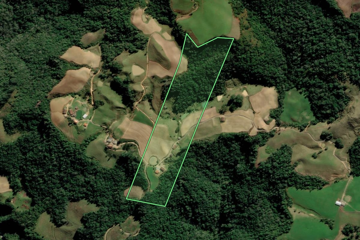 Imagem de satélite do imóvel rural em Alfredo Wagner (SC), com o contorno declarado no CAR desenhado por cima.