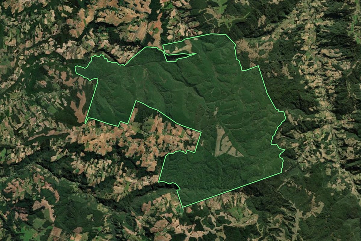 Imagem de satélite do imóvel rural em Alfredo Wagner (SC), com o contorno declarado no CAR desenhado por cima.