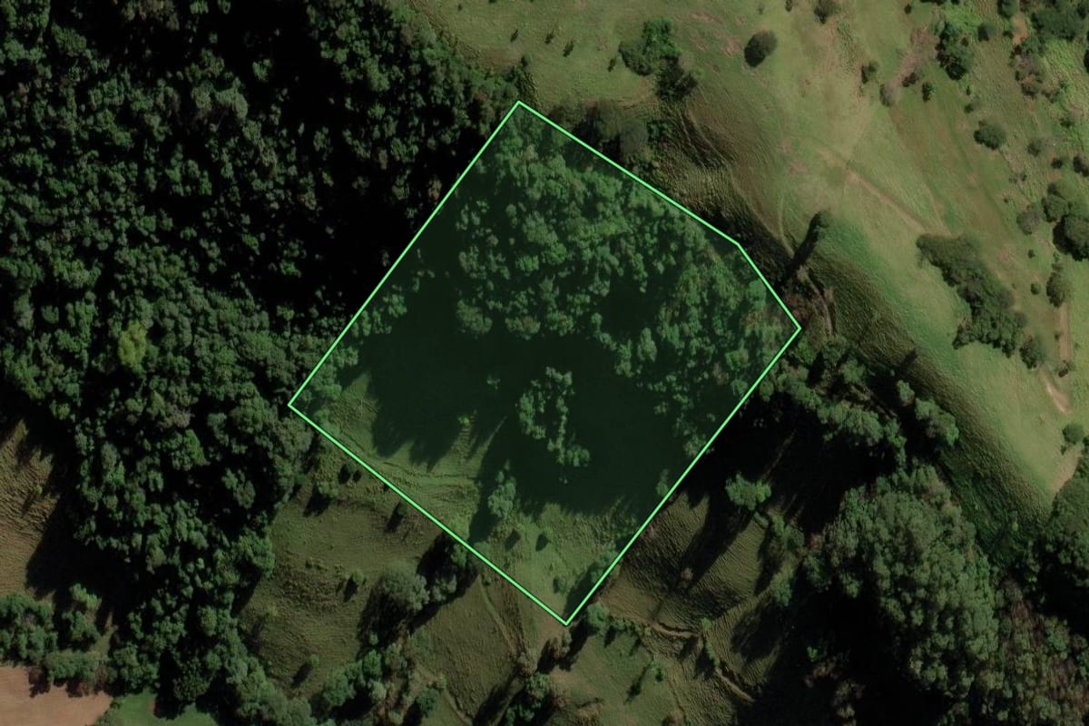 Imagem de satélite do imóvel rural em Anchieta (SC), com o contorno declarado no CAR desenhado por cima.