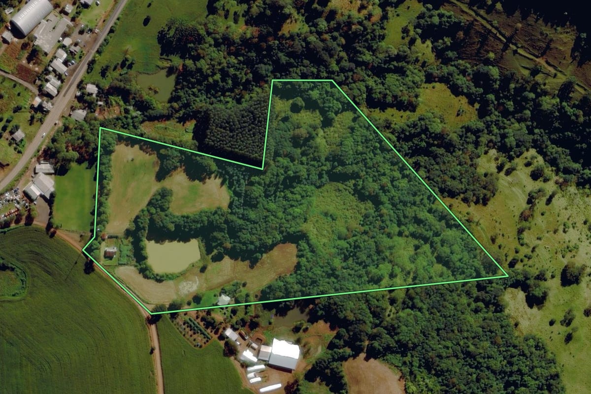 Imagem de satélite do imóvel rural em Anchieta (SC), com o contorno declarado no CAR desenhado por cima.