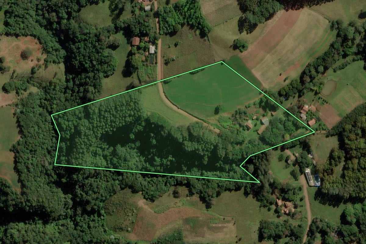 Imagem de satélite do imóvel rural em Anchieta (SC), com o contorno declarado no CAR desenhado por cima.