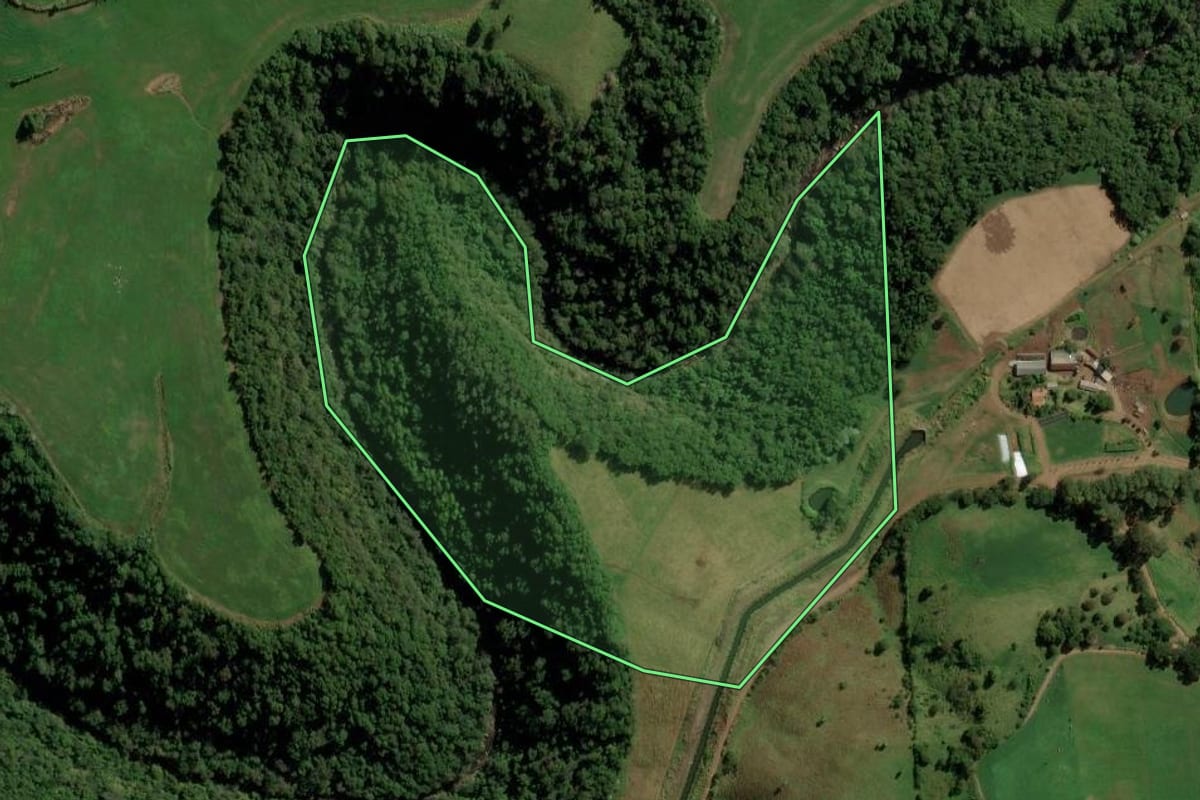 Imagem de satélite do imóvel rural em Anchieta (SC), com o contorno declarado no CAR desenhado por cima.