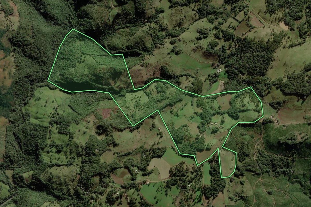Imagem de satélite do imóvel rural em Anita Garibaldi (SC), com o contorno declarado no CAR desenhado por cima.