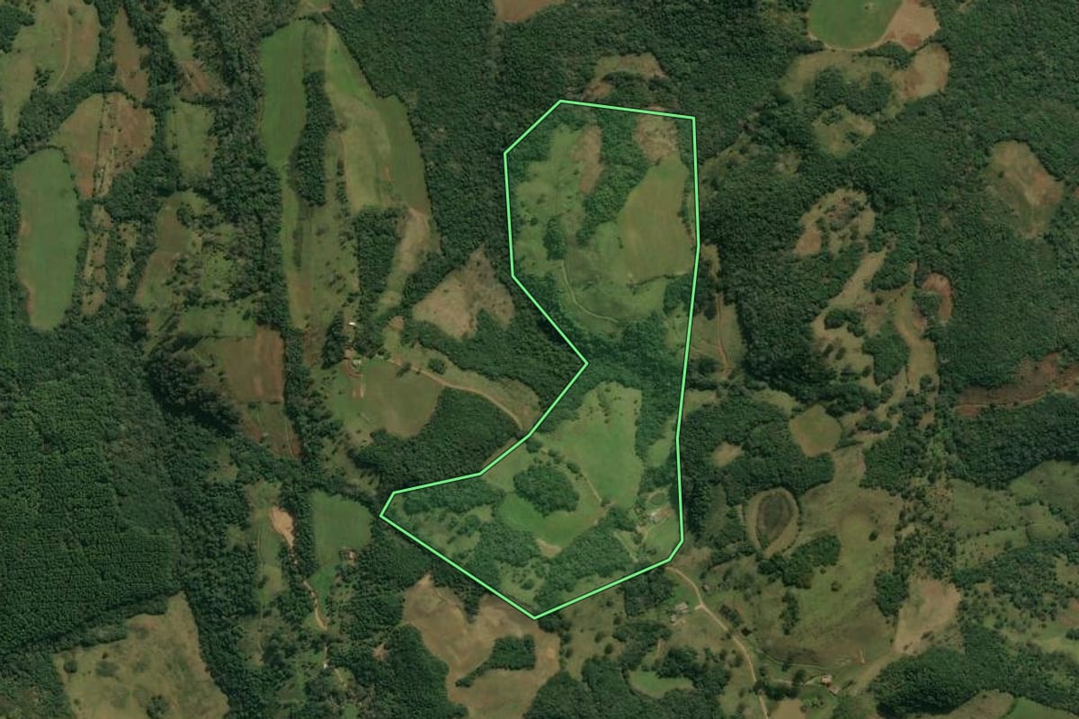 Imagem de satélite do imóvel rural em Anita Garibaldi (SC), com o contorno declarado no CAR desenhado por cima.