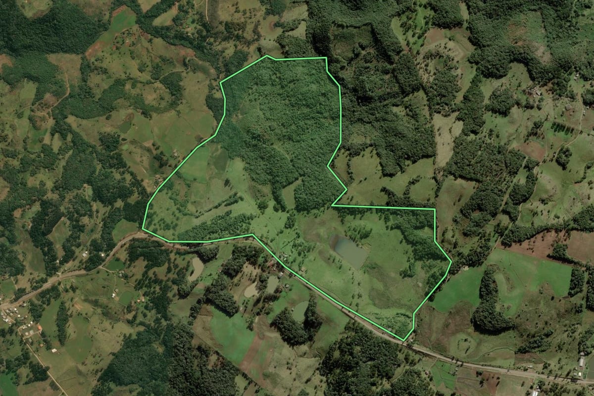 Imagem de satélite do imóvel rural em Anita Garibaldi (SC), com o contorno declarado no CAR desenhado por cima.