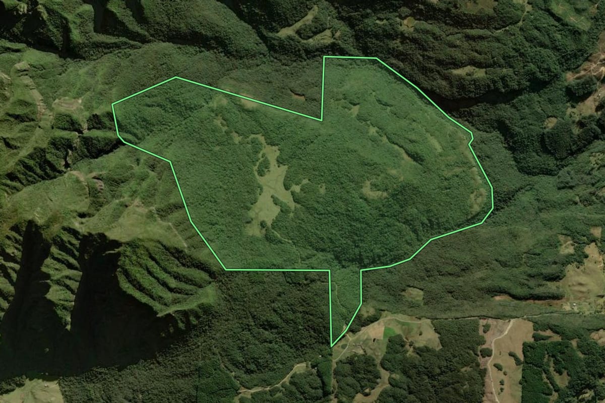 Imagem de satélite do imóvel rural em Anitápolis (SC), com o contorno declarado no CAR desenhado por cima.