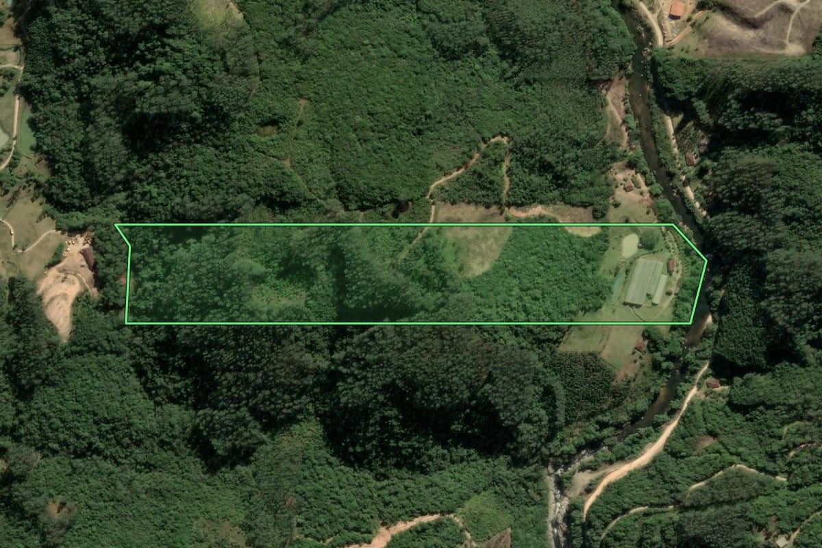Imagem de satélite do imóvel rural em Anitápolis (SC), com o contorno declarado no CAR desenhado por cima.