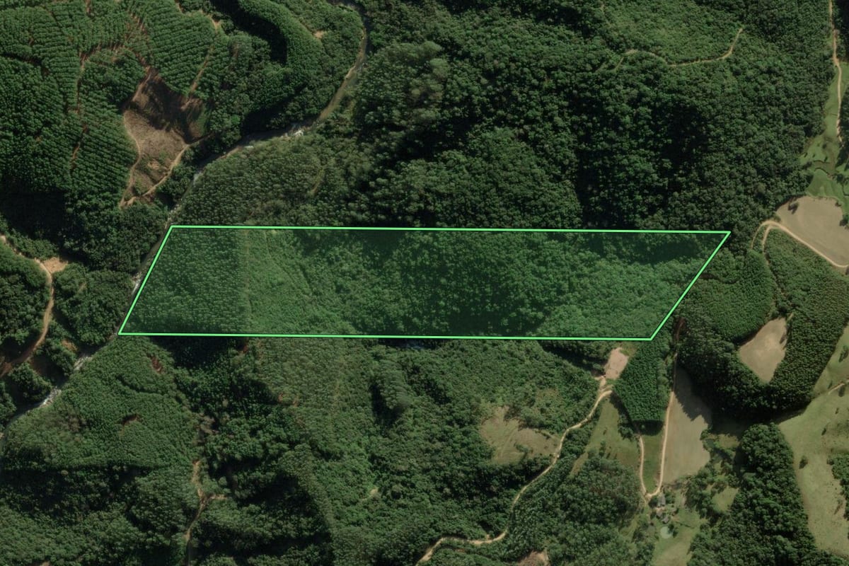 Imagem de satélite do imóvel rural em Anitápolis (SC), com o contorno declarado no CAR desenhado por cima.