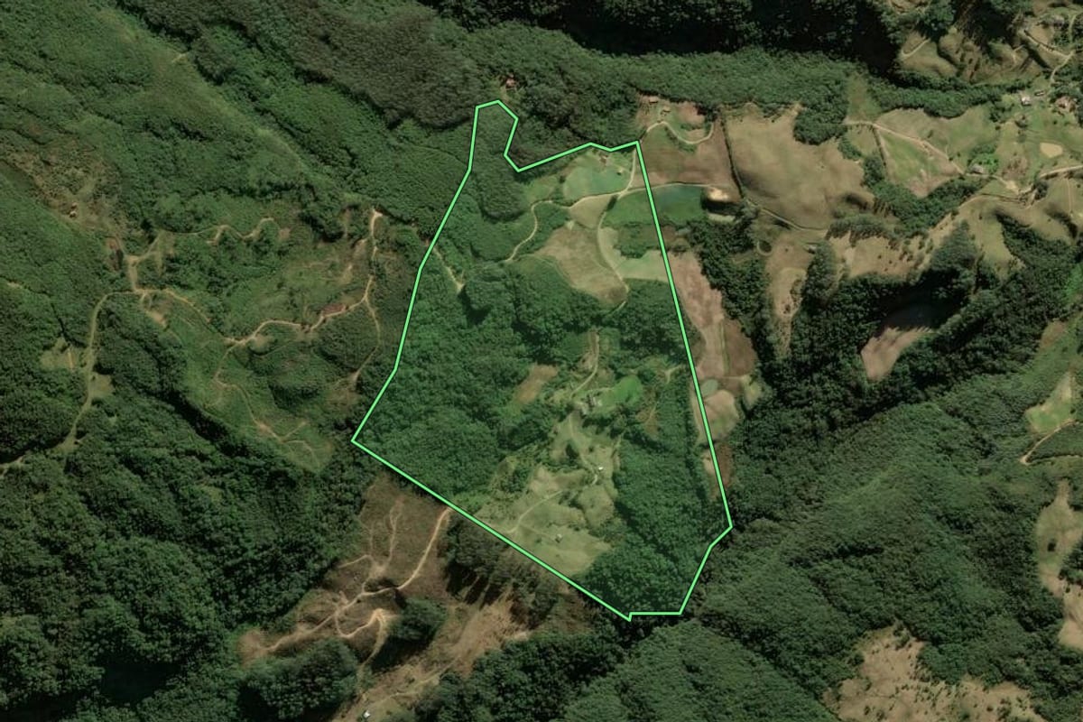 Imagem de satélite do imóvel rural em Anitápolis (SC), com o contorno declarado no CAR desenhado por cima.