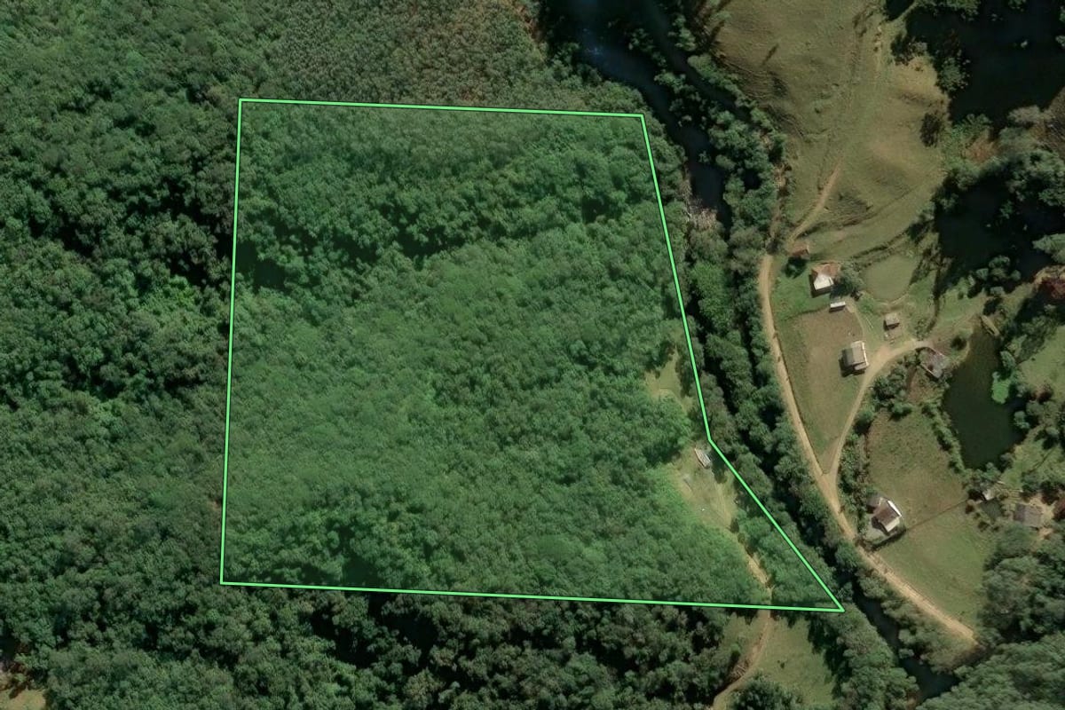 Imagem de satélite do imóvel rural em Anitápolis (SC), com o contorno declarado no CAR desenhado por cima.