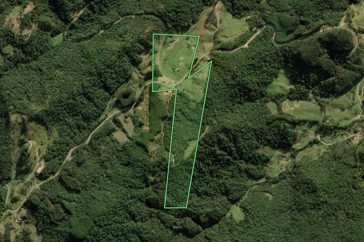 Imagem de satélite do imóvel rural em Anitápolis (SC), com o contorno declarado no CAR desenhado por cima.