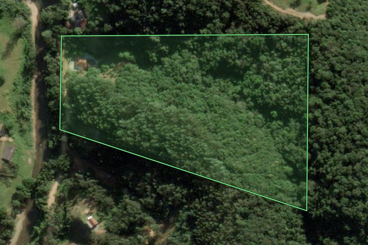 Imagem de satélite do imóvel rural em Anitápolis (SC), com o contorno declarado no CAR desenhado por cima.