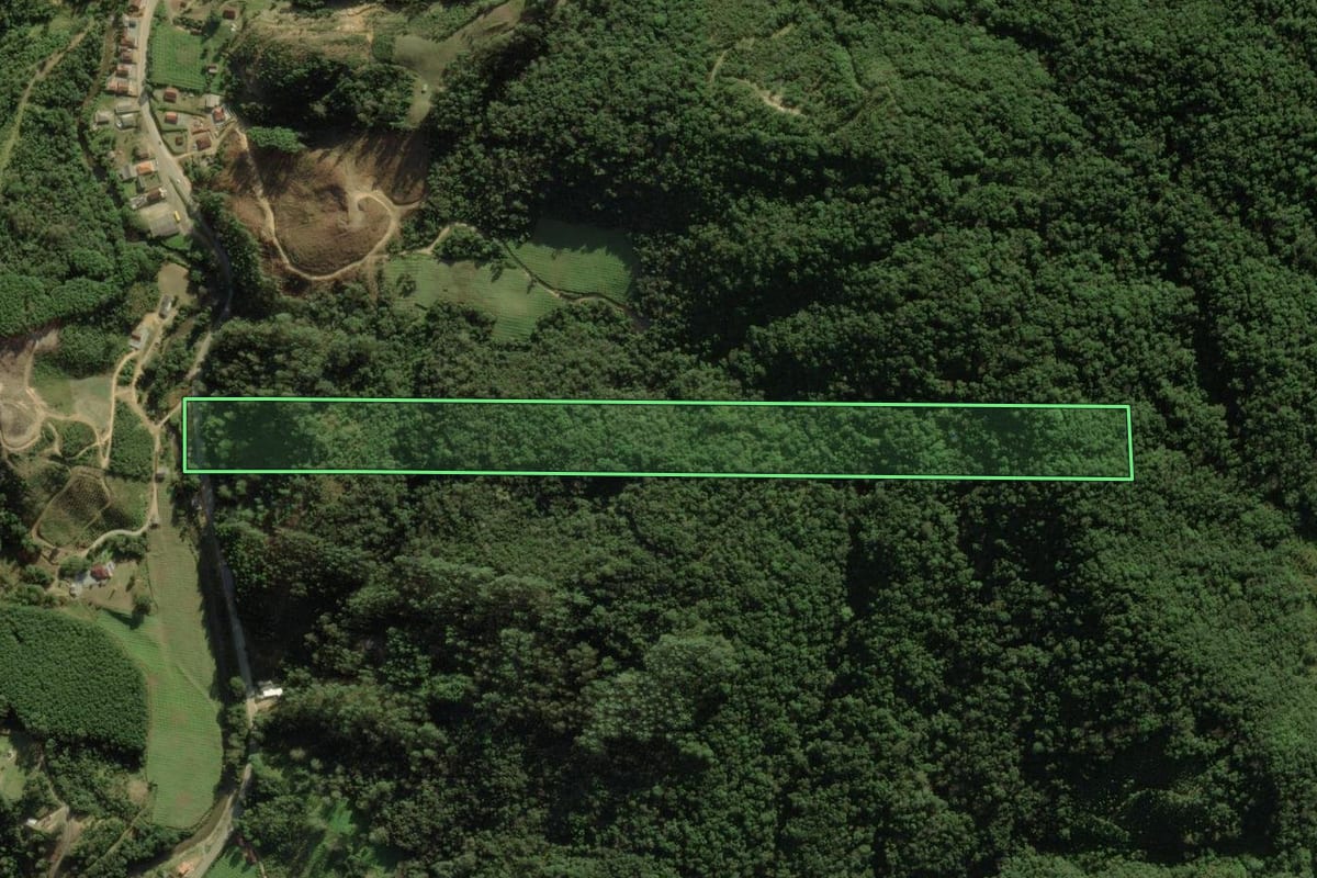 Imagem de satélite do imóvel rural em Anitápolis (SC), com o contorno declarado no CAR desenhado por cima.