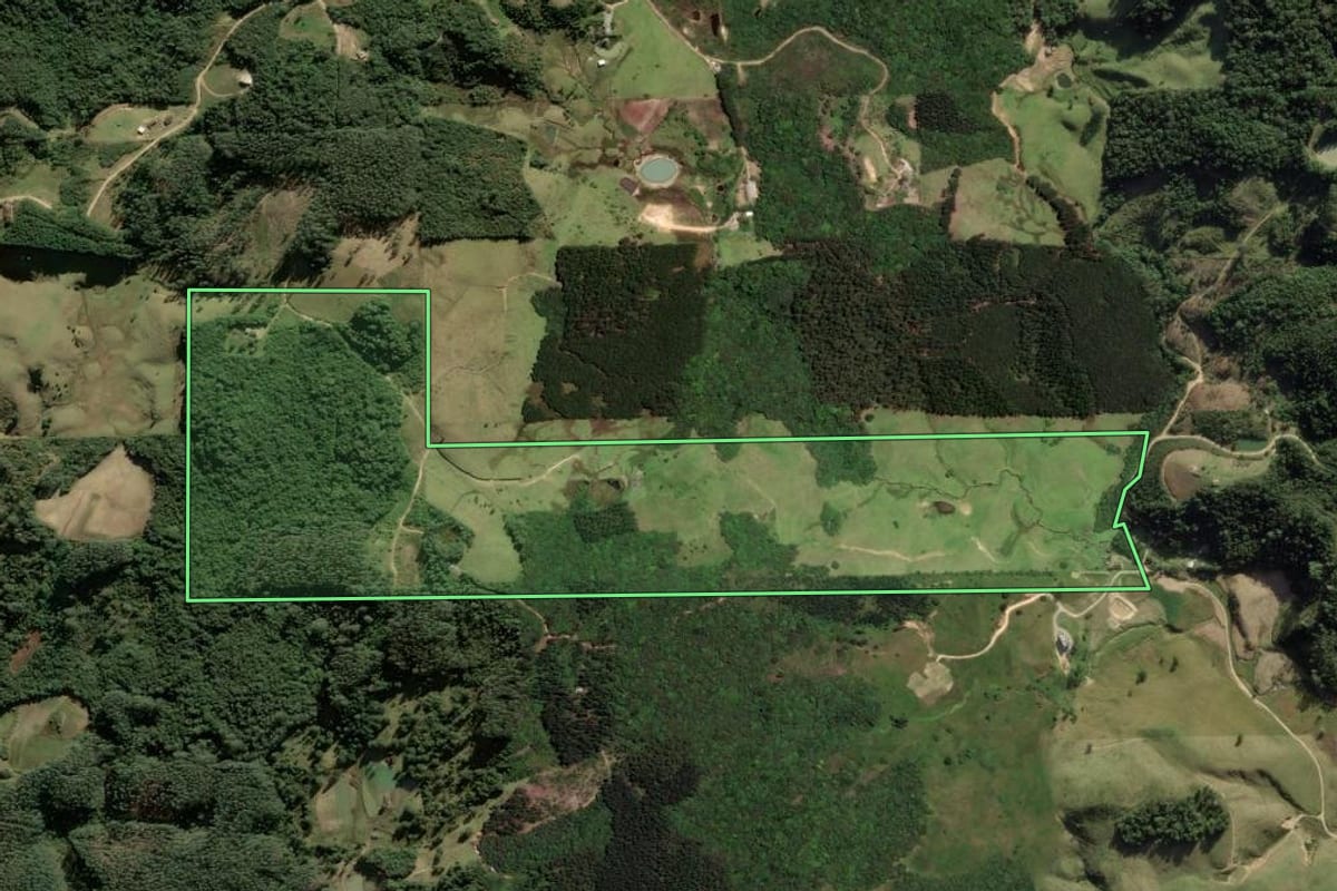 Imagem de satélite do imóvel rural em Anitápolis (SC), com o contorno declarado no CAR desenhado por cima.