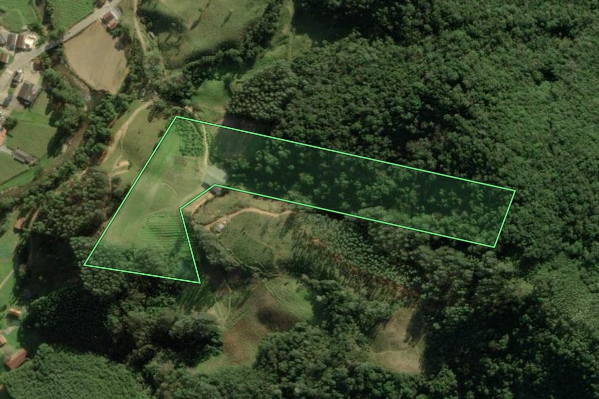 Imagem de satélite do imóvel rural em Anitápolis (SC), com o contorno declarado no CAR desenhado por cima.