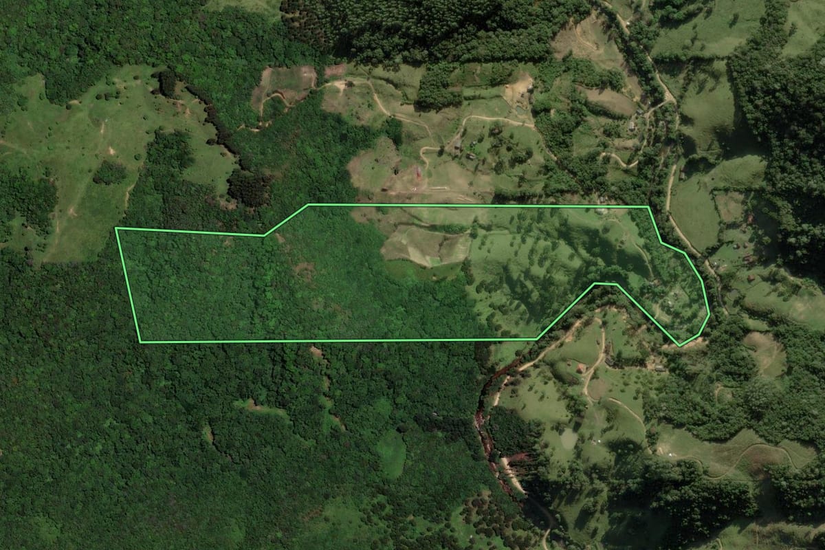 Imagem de satélite do imóvel rural em Anitápolis (SC), com o contorno declarado no CAR desenhado por cima.