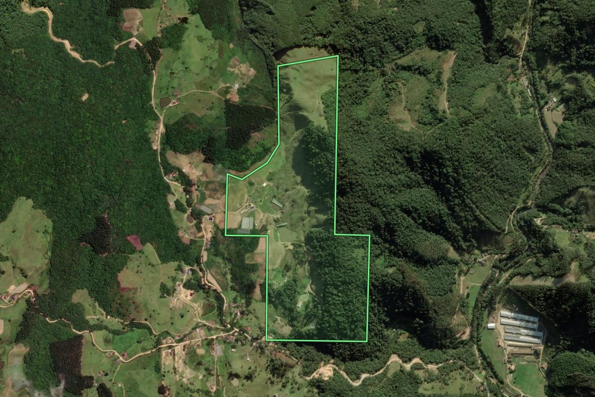 Imagem de satélite do imóvel rural em Anitápolis (SC), com o contorno declarado no CAR desenhado por cima.