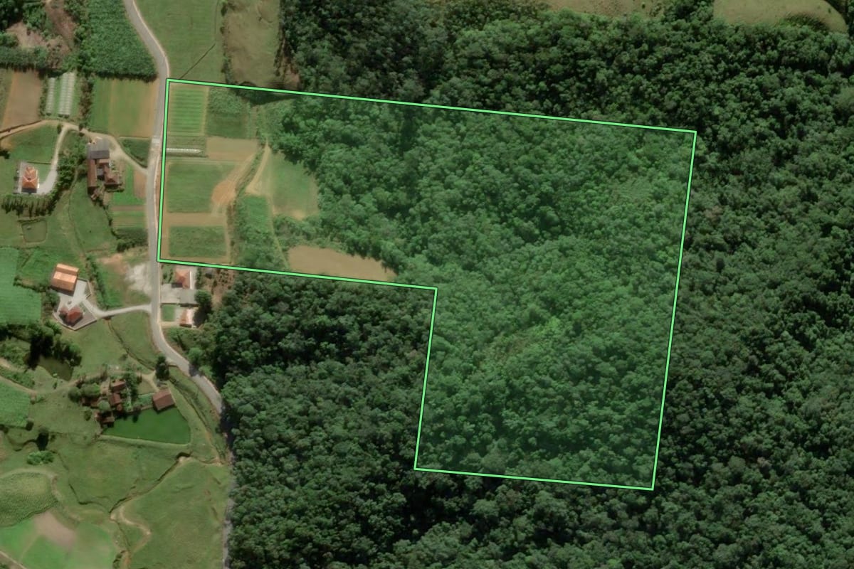 Imagem de satélite do imóvel rural em Antônio Carlos (SC), com o contorno declarado no CAR desenhado por cima.
