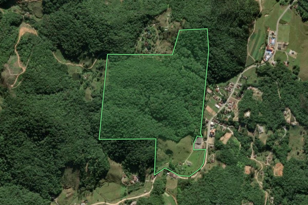 Imagem de satélite do imóvel rural em Antônio Carlos (SC), com o contorno declarado no CAR desenhado por cima.