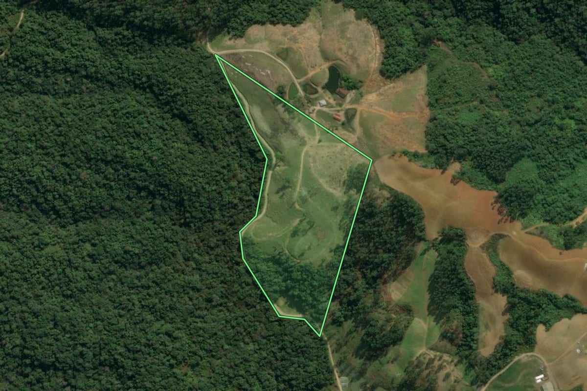 Imagem de satélite do imóvel rural em Apiúna (SC), com o contorno declarado no CAR desenhado por cima.