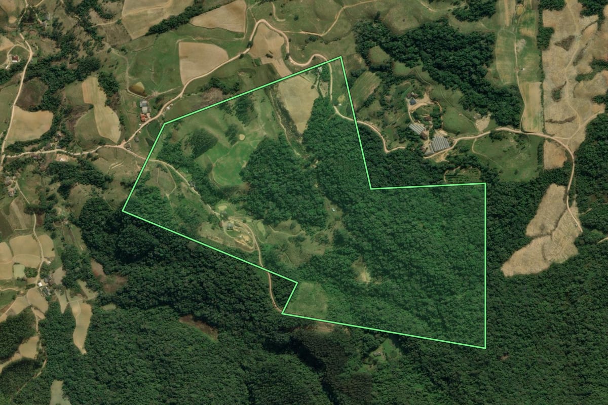 Imagem de satélite do imóvel rural em Apiúna (SC), com o contorno declarado no CAR desenhado por cima.