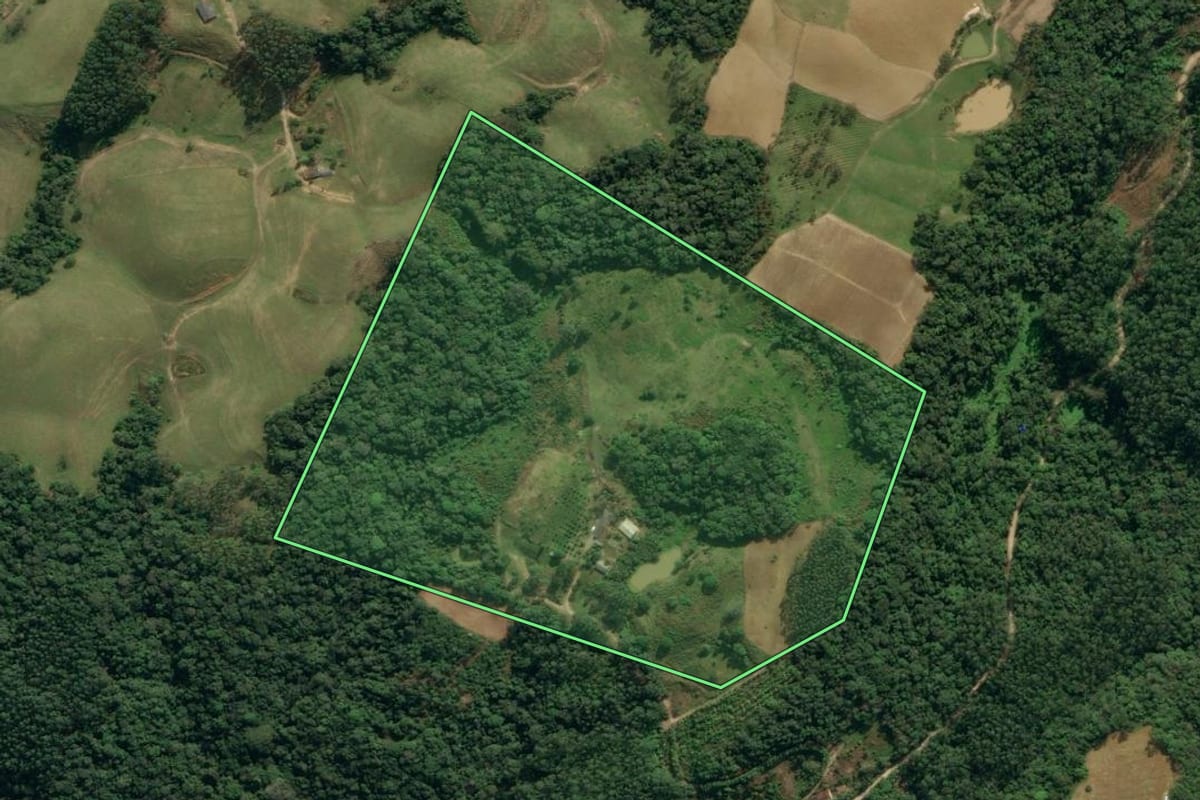 Imagem de satélite do imóvel rural em Apiúna (SC), com o contorno declarado no CAR desenhado por cima.