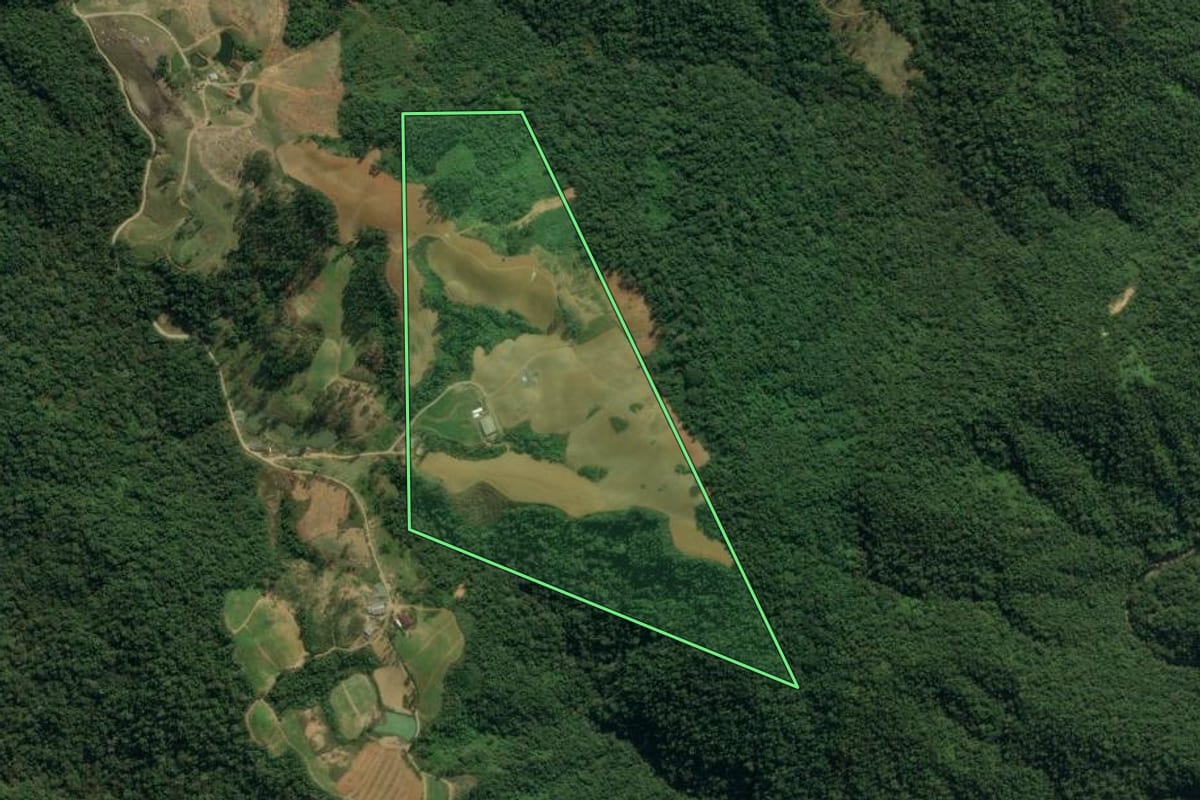 Imagem de satélite do imóvel rural em Apiúna (SC), com o contorno declarado no CAR desenhado por cima.