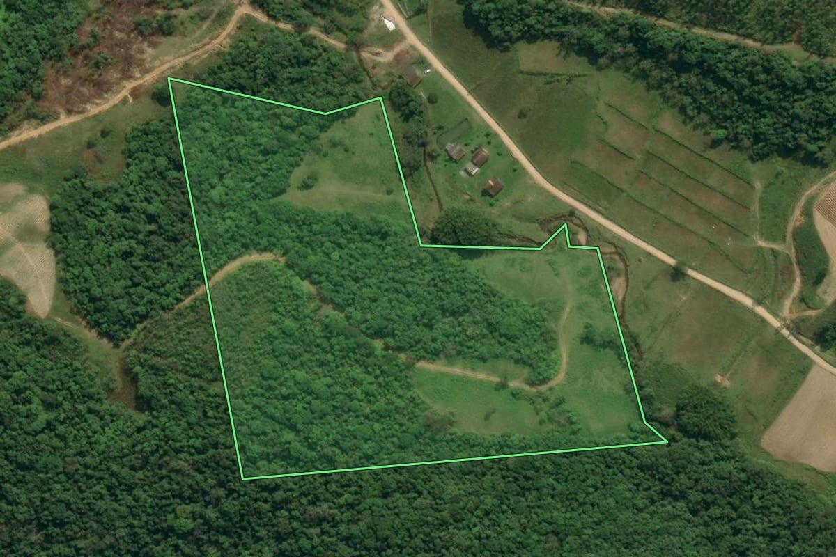 Imagem de satélite do imóvel rural em Apiúna (SC), com o contorno declarado no CAR desenhado por cima.