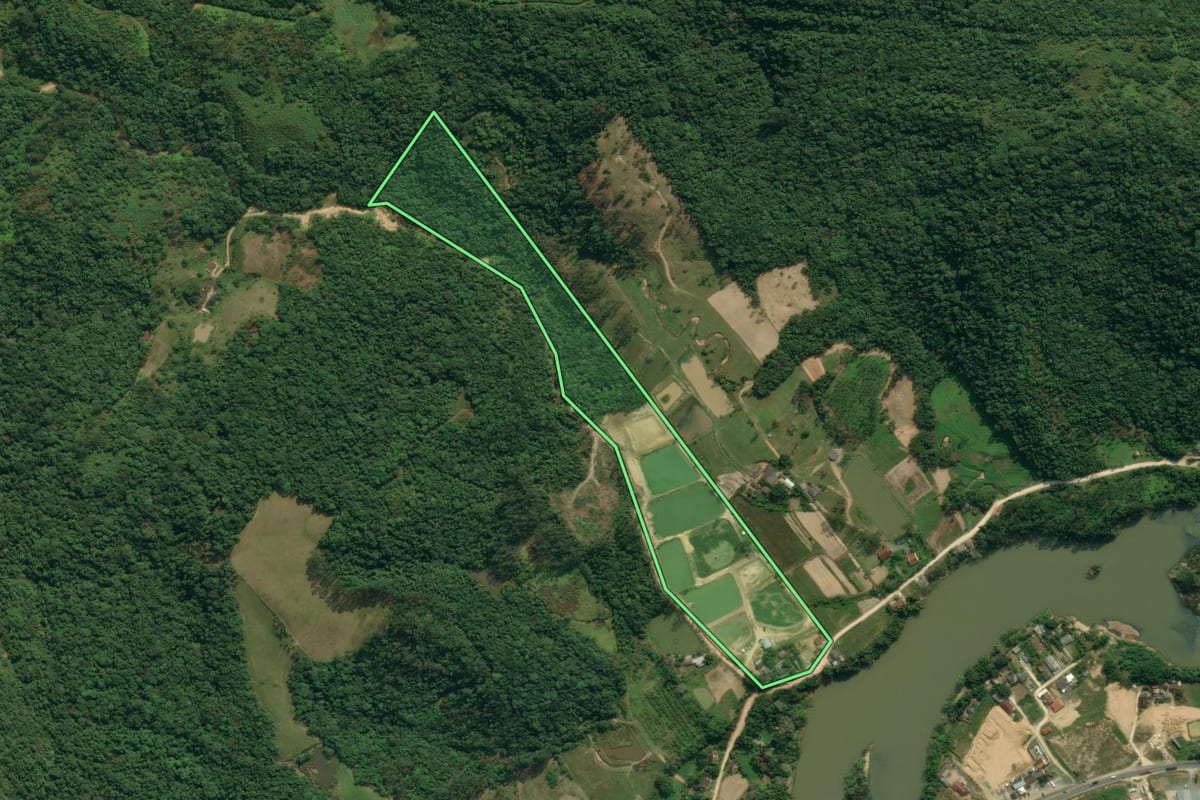 Imagem de satélite do imóvel rural em Apiúna (SC), com o contorno declarado no CAR desenhado por cima.