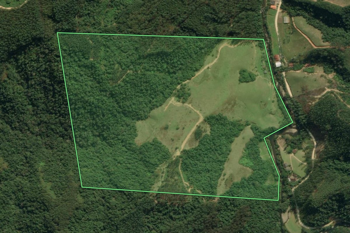 Imagem de satélite do imóvel rural em Apiúna (SC), com o contorno declarado no CAR desenhado por cima.