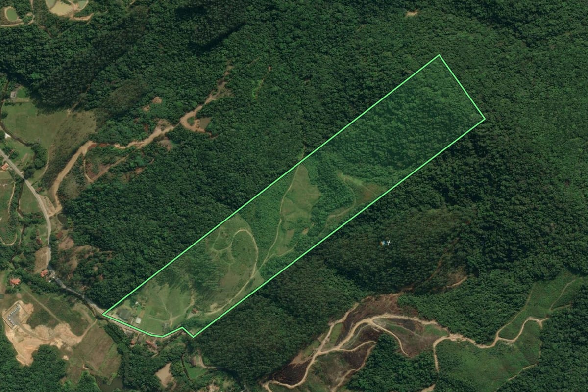 Imagem de satélite do imóvel rural em Apiúna (SC), com o contorno declarado no CAR desenhado por cima.