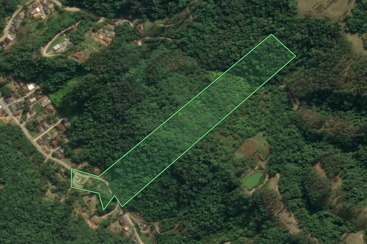 Imagem de satélite do imóvel rural em Apiúna (SC), com o contorno declarado no CAR desenhado por cima.