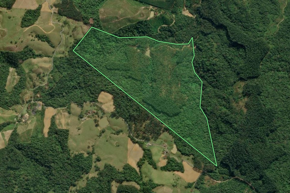 Imagem de satélite do imóvel rural em Apiúna (SC), com o contorno declarado no CAR desenhado por cima.